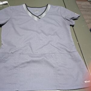 Grey's Anatomy Active By Barco Charcoal-Trimmed Grey V-Neck Scrub Top Size L EUC